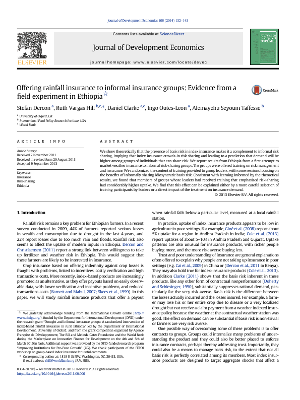 Offering rainfall insurance to informal insurance groups: Evidence from Ethiopia